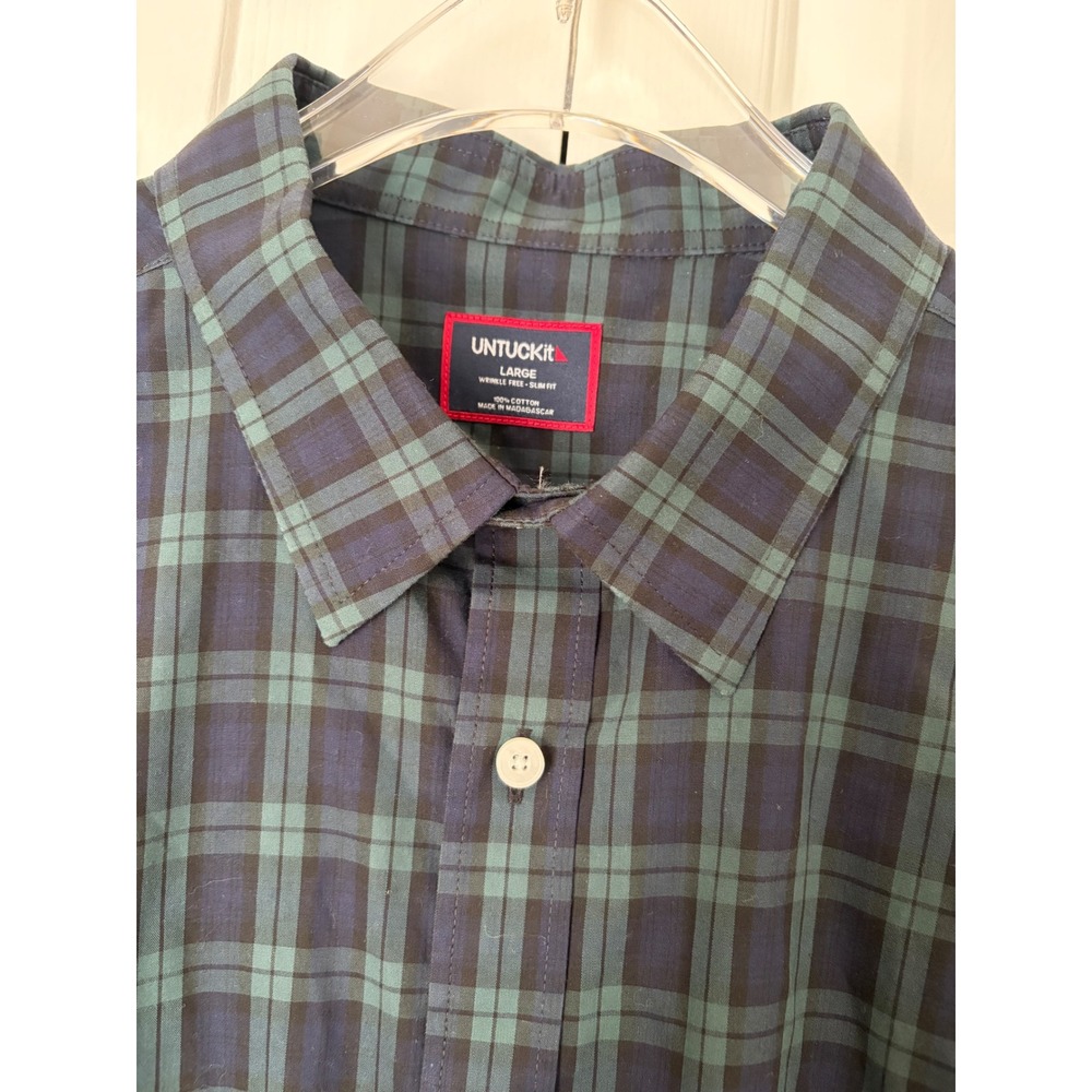 UNTUCKit Grant Button Down Mens L Green Plaid Slim Fit Wrinkle Free Shirt Preppy